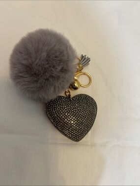 Gray Pom Pom Heart Keychain with Rhinestone Heart - Unbranded